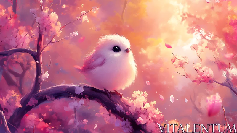 Fluffy white bird on cherry blossom branch in dreamy pastel art.
