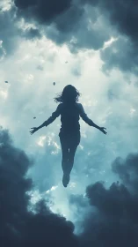 Silhouetted figure levitating in backlit storm cloud aperture