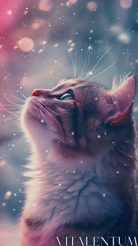 Ethereal Cat Gazing Upward With Particle Light Effects.