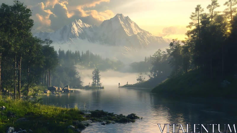 Golden sunrise over misty alpine lake and distant hiker.