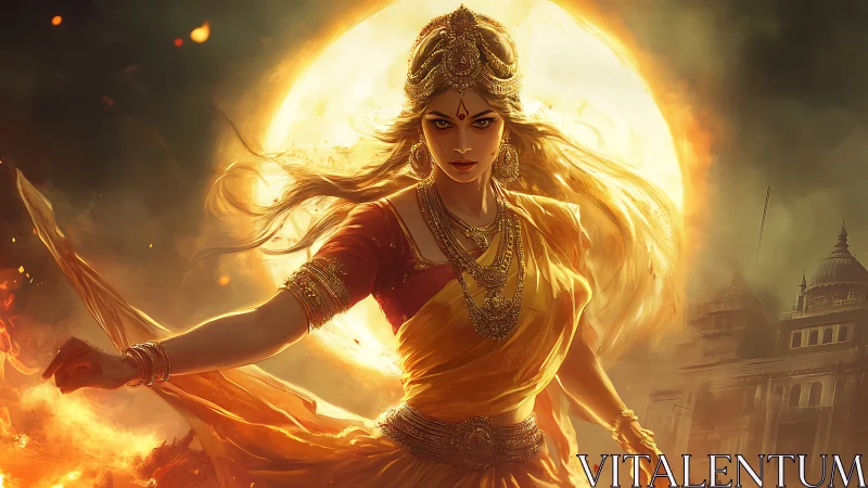 Fiery warrior goddess before blazing full moon in battle