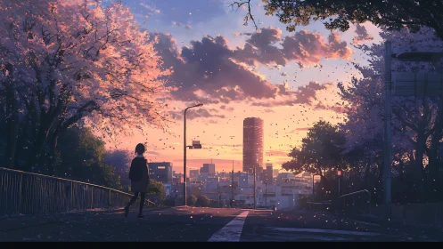 Urban street with lone figure under cherry blossoms at dusk.