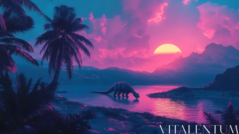Neon-lit dinosaur lagoon under high-saturation magenta sunset sky