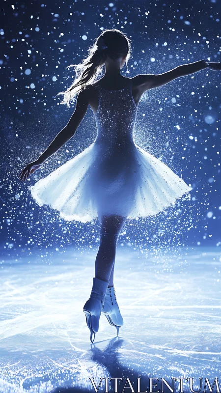 Graceful ice skater spins through shimmering winter light.