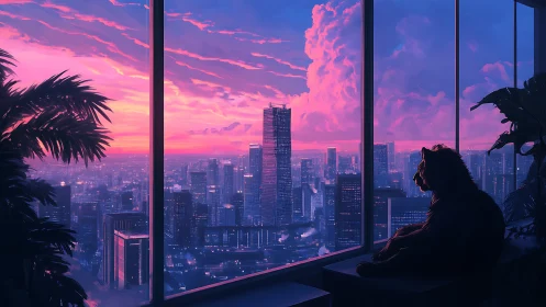 Solitary panther watches neon dusk above glowing cityscape.