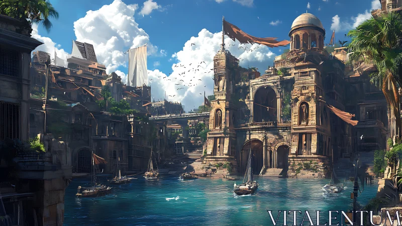 Harbor city with monumental stone architecture and canal.