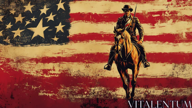 Lone cavalry rider advances over distressed American flag backdrop