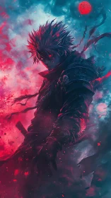 Stormlit warrior stands between crimson fire and cold night