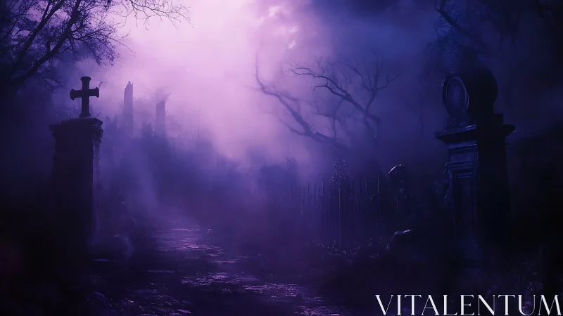 Mist obscures an old graveyard path with silhouetted monuments