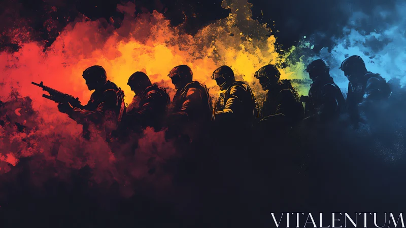 Tactical squad silhouettes crossing fiery to cold smoke.