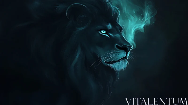 Lion profile silhouette shows cyan smoke and luminous eyes