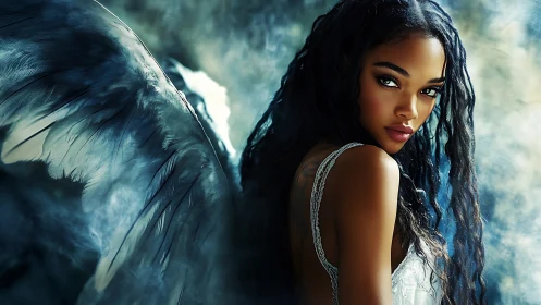 Digital angelic portrait with cinematic lighting and plumage detail.