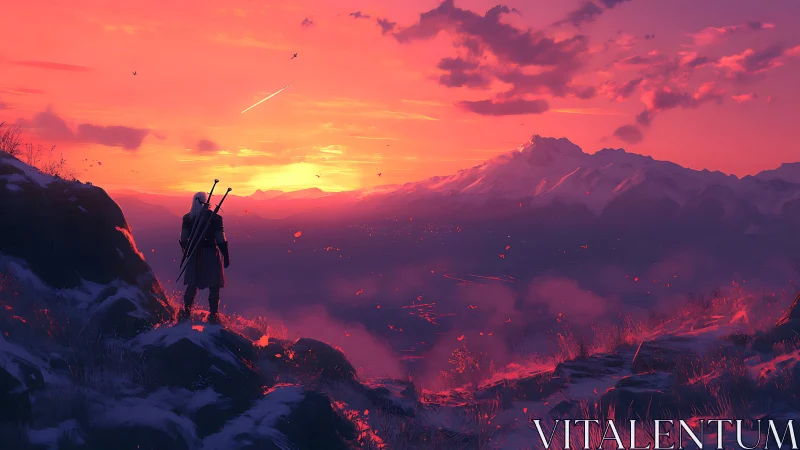 Solitary armed figure on cliff facing distant snowy range.