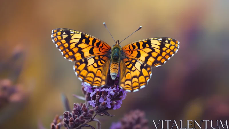 Golden butterfly rests gently on lavender blooms at dusk