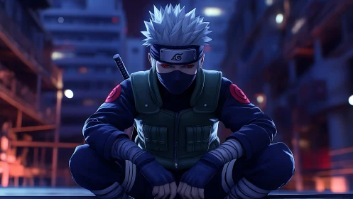 Masked shinobi sentinel in neon urban tactical stillness.