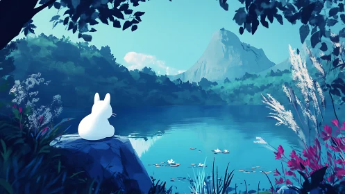 Soft-eared dreamer by a sapphire mountain lake horizon.