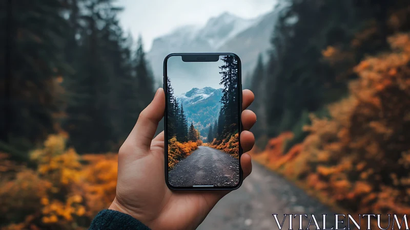 Photorealistic smartphone window on alpine forest pathway.