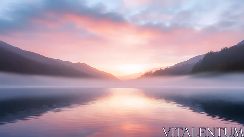 Soft sunrise over misty lake and distant mountain ridges.