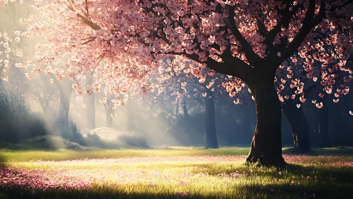 Sunlight filters through blooming cherry trees in meadow