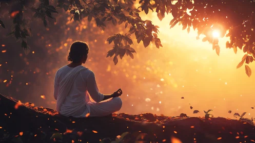 Serene Meditation at Sunrise in Nature, Warm Cinematic Style.