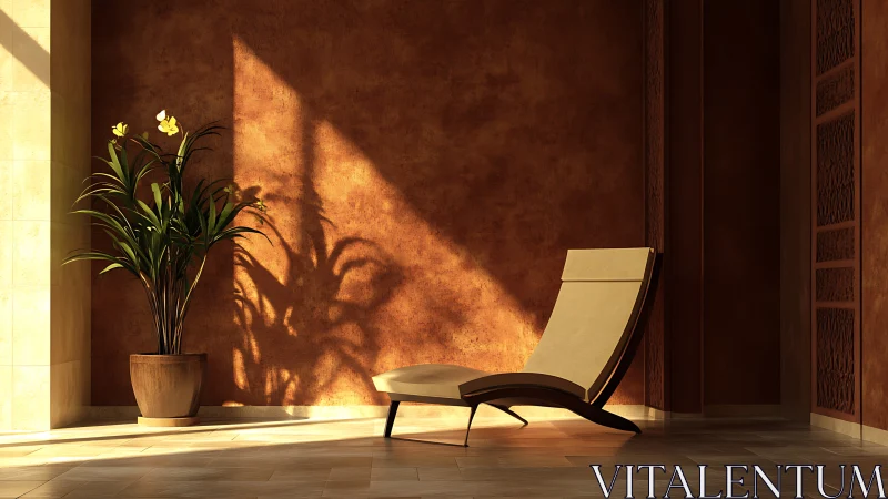 Sunlit lounge chair quietly negotiates shadows with a plant