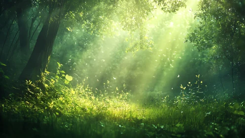 Sunlit Forest Glade with Lush Greenery in Dreamy Morning Light.