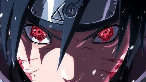 Close-range anime gaze with high-intensity red ocular focus.