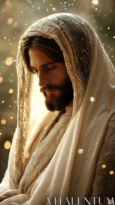 Serene robed figure in golden light and floating sparks.