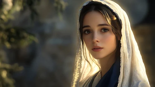 Soft morning light on veiled young woman in reverent calm.