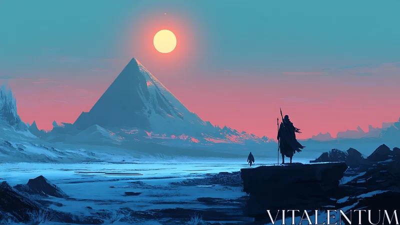 Distant pyramid in frozen landscape under high sun.