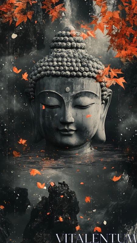 Serene stone Buddha head rests in misty water with autumn leaves