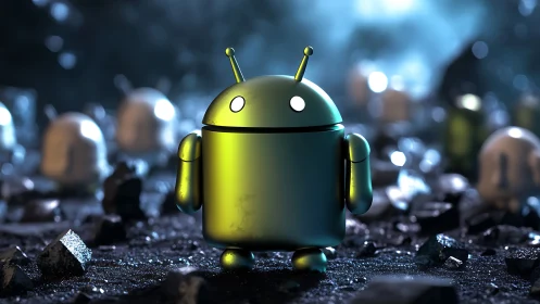 Specular-lit android mascot rendered on debris field with DOF control