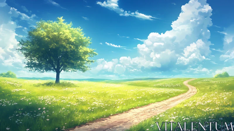 Lone tree by winding path under expansive cumulus sky.