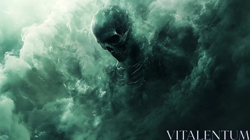 Skeletal figure emerging within dense swirling green fog.