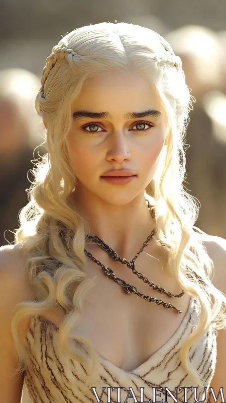 Blonde fantasy queen stands in radiant golden daylight.