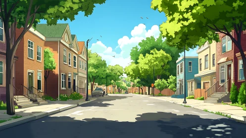 Digital painting of sunlit suburban street perspective study.