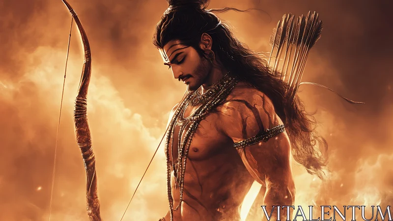 Digital painting of mythic archer in radiant chiaroscuro focus.