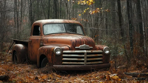 Rusty vintage pickup truck abandoned in wet autumn forest.