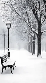 Photorealistic winter park avenue with bench and lamppost focus.