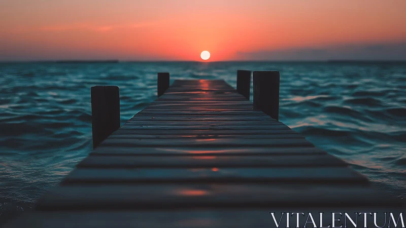 Quiet wooden pier reaching toward a glowing ocean sunset.