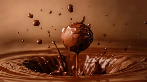 Orb of molten cocoa erupts in silky splash spectacle.