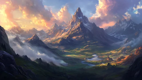 Sunlit fantasy mountains welcome a tranquil green valley