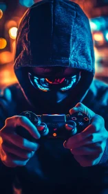 Hooded cyber gamer with controller under neon bokeh lighting