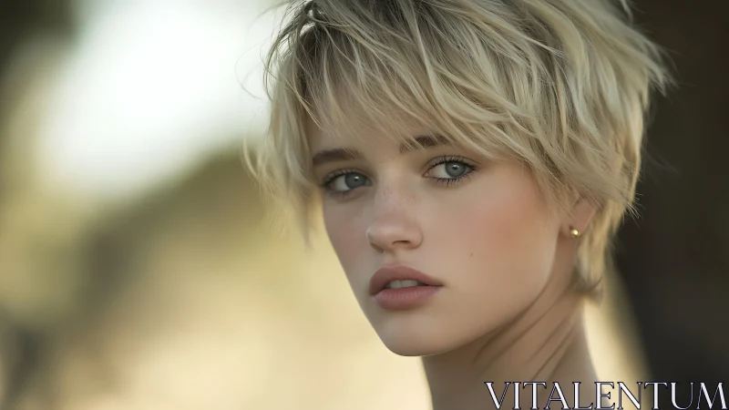 Soft-lit blonde portrait captures quiet confidence outdoors