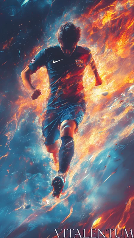 Dynamic football runner engulfed in dual-tone elemental flames