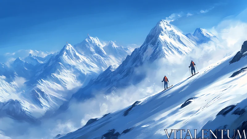 High-mountain ski ascent under brilliant alpine skies.