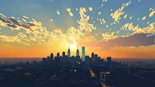 Golden sunrise pours warmth over a peaceful city skyline