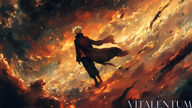 Solitary figure above turbulent orange and black skyscape.