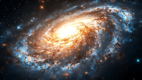 Spiral galaxy core blazing with blue and gold star fields.