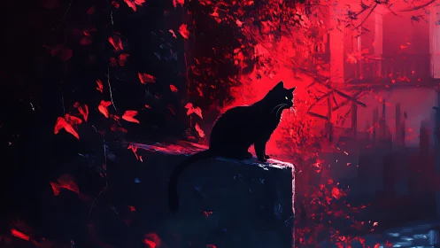 Black cat silhouette studies neon red urban foliage glow